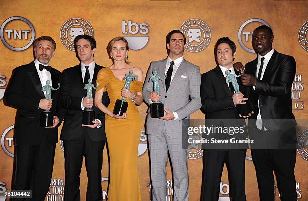 Actors Christoph Waltz, B.J. Novak, Diane Kruger, Eli Roth, Omar Doom and Jacky Ido pose in the press room at the 16th Annual Screen Actors Guild...