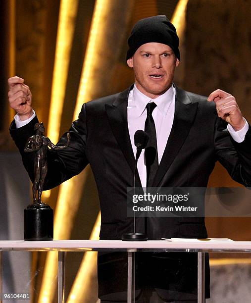 Actor Michael C. Hall accpets the Male Actor In A Drama Series award for "Dexter" onstage at the 16th Annual Screen Actors Guild Awards held at the...