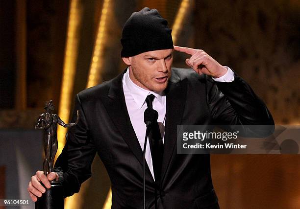 Actor Michael C. Hall accpets the Male Actor In A Drama Series award for "Dexter" onstage at the 16th Annual Screen Actors Guild Awards held at the...