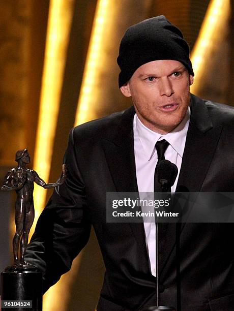 Actor Michael C. Hall accpets the Male Actor In A Drama Series award for "Dexter" onstage at the 16th Annual Screen Actors Guild Awards held at the...