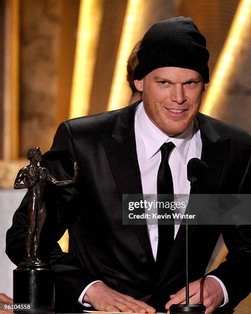 Actor Michael C. Hall accpets the Male Actor In A Drama Series award for "Dexter" onstage at the 16th Annual Screen Actors Guild Awards held at the...