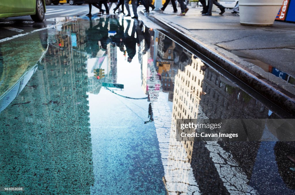 High angle view of reflection in puddle on street
