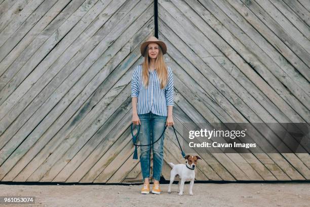 portrait of woman with jack russell terrier standing against wooden gate - 犬　正面 ストックフォトと画像