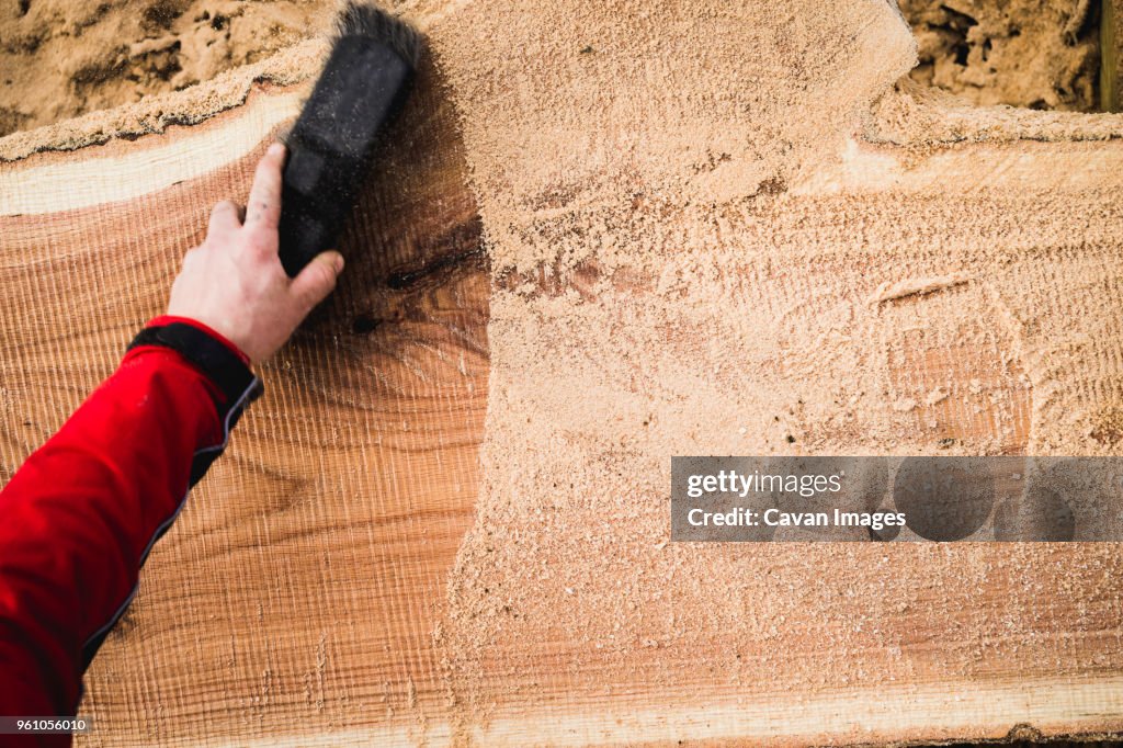 Cropped hand of carpenter cleaning sawdust on wooden plank at backyard
