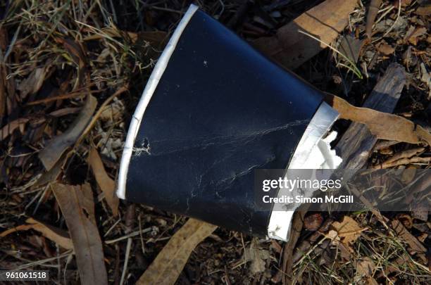 crushed cardboard disposable coffee cup tossed on the ground in a public park - crushed leaves stock pictures, royalty-free photos & images