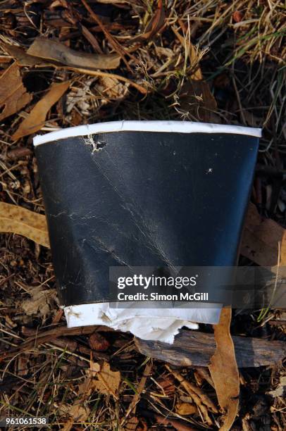 crushed cardboard disposable coffee cup tossed on the ground in a public park - crushed leaves stock pictures, royalty-free photos & images