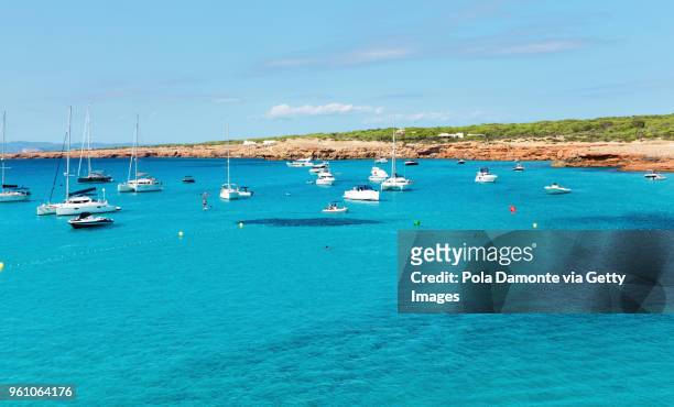 idyllic beach of cala saona from high view angle, formentera coastline in balearic islands, spain - pola damonte stock pictures, royalty-free photos & images