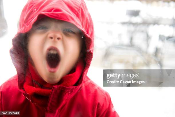 portrait of playful boy wearing warm clothing while fogging window with breath vapor - breath vapor stock pictures, royalty-free photos & images