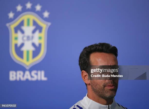 The General Coordinator of the Brazilian national football team, Edu Gaspar, attends a press conference at Granja Comary Training Center for the...