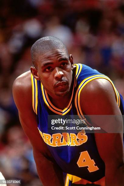 Chris Webber of the Golden State Warriors looks on during the game against the Atlanta Hawks on January 19, 1994 at the Omni Coliseum in Atlanta,...