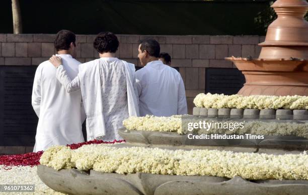 President of Indian National Congress Rahul Gandhi, Priyanka Gandhi Vadra along with her husband Robert Vadra after paying tributes to former Prime...