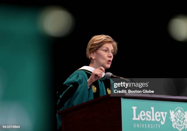 Senator Elizabeth Warren delivers the commencement address at the Lesley University commencement in Boston on May 19, 2018.