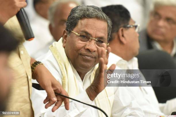Former Chief Minister of Karnataka and Congress leader Siddaramaiah gestures during the death anniversary program of Rajiv Gandhi at Karnataka...