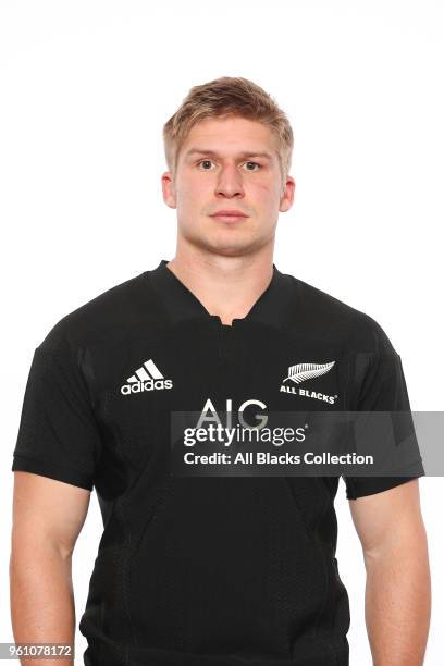Jack Goodhue poses during a New Zealand All Blacks headshots session on May 21, 2018 in Auckland, New Zealand.