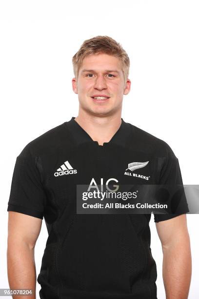 Jack Goodhue poses during a New Zealand All Blacks headshots session on May 21, 2018 in Auckland, New Zealand.