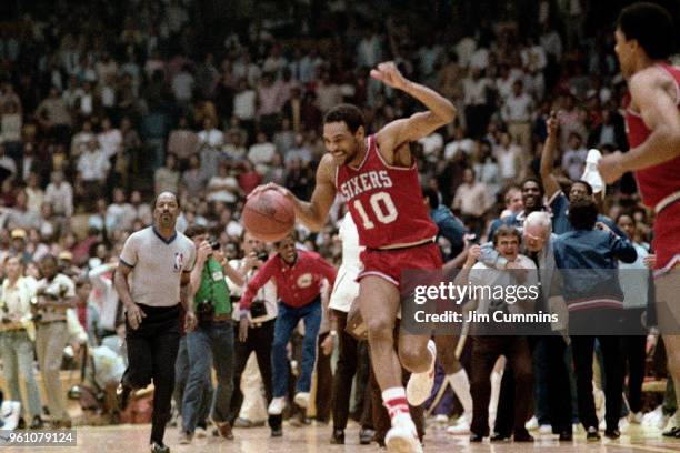 Maurice Cheeks of the Philadelphia 76ers celebrates against the Los Angeles Lakers during Game Four of the 1983 NBA Finals on May 31, 1983 at the...