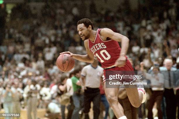 Maurice Cheeks of the Philadelphia 76ers handles the ball against the Los Angeles Lakers during Game Four of the 1983 NBA Finals on May 31, 1983 at...