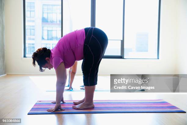 side view of friends bending while exercising against window in yoga studio - woman bending over imagens e fotografias de stock