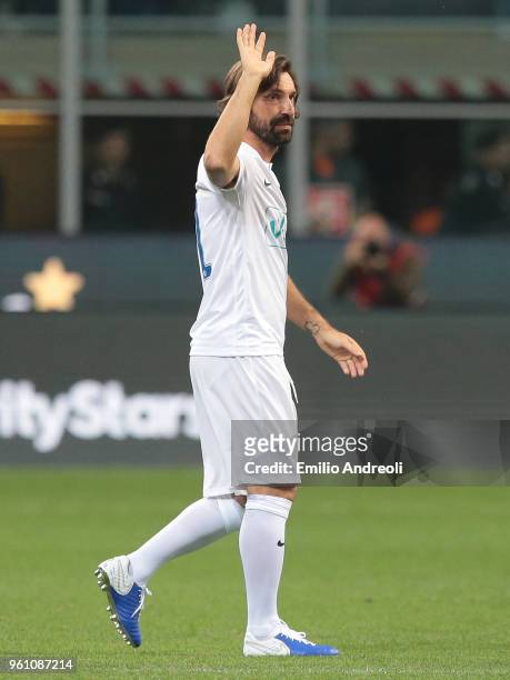 Andrea Pirlo greets the fans prior Andrea Pirlo Farewell Match at Stadio Giuseppe Meazza on May 21, 2018 in Milan, Italy.