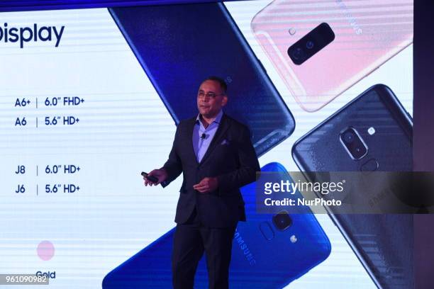 At an event held in Mumbai, India, on 21 May 2018, Mr.Manu Sharma ,Vice president of Samsung India launches Samsung new Galaxy J and A Smartphone...