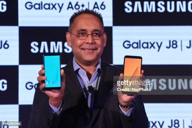 At an event held in Mumbai, India, on 21 May 2018, Mr.Manu Sharma ,Vice president of Samsung India launches Samsung new Galaxy J and A Smartphone...