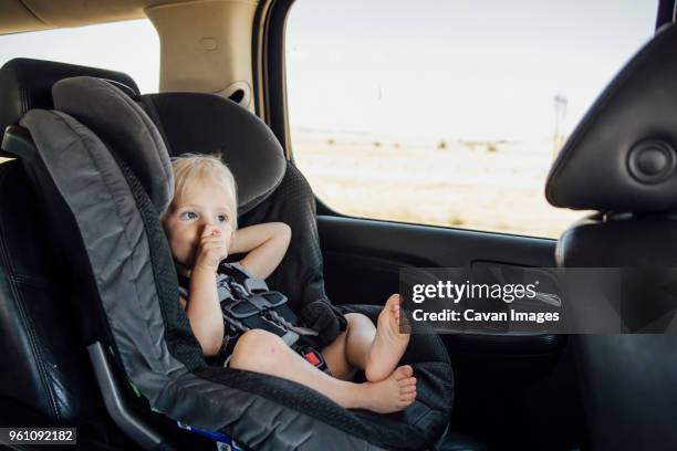 cute boy looking away while sitting in car - 指をくわえる ストックフォトと画像