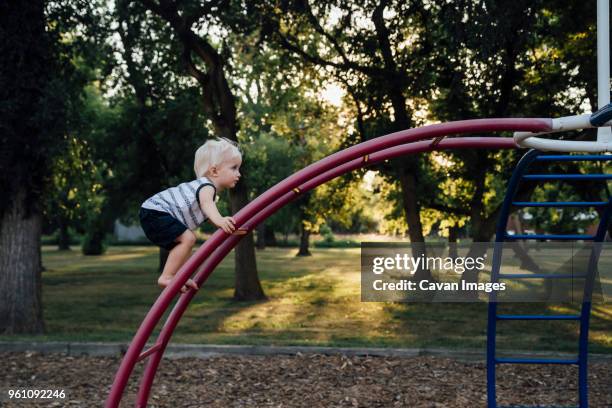 side view of baby boy climbing monkey bars at playground - cage à poules photos et images de collection