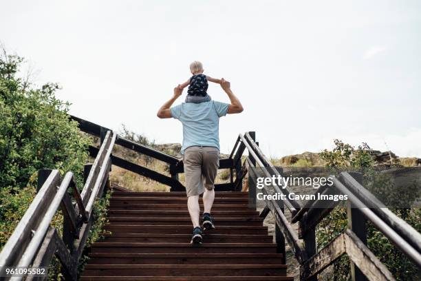 rear view of father carrying son on shoulders while moving up on steps against sky - family tree stockfoto's en -beelden