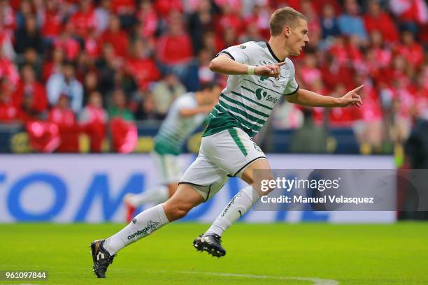 Julio Furch of Santos celebrates after scoring the first goal of his team during the Final second leg match between Toluca and Santos Laguna as part...