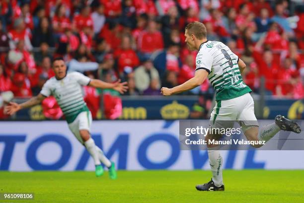 Julio Furch of Santos celebrates after scoring the first goal of his team during the Final second leg match between Toluca and Santos Laguna as part...