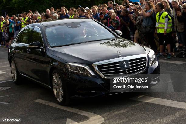 Crown Prince Frederik of Denmark arrives by car at the Royal Run on May 21, 2018 in Copenhagen, Denmark. The Royal Run took place in the cities of...