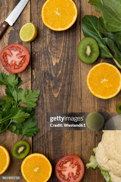 fruits and vegetables on wood - slätpersilja bildbanksfoton och bilder