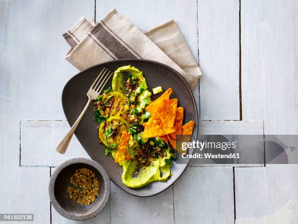 guacamole with grilled green tomatoes, cucumber and tortilla chips - flat leaf parsley stock pictures, royalty-free photos & images