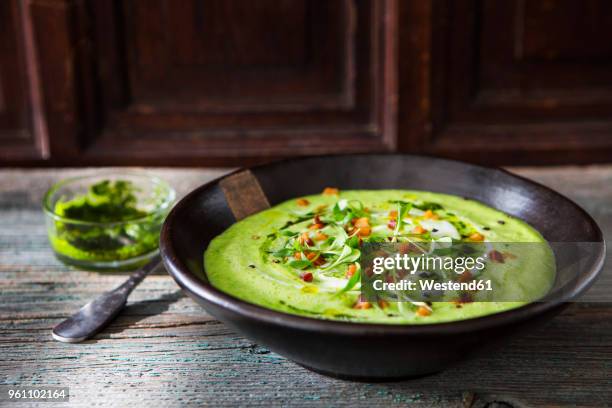 cream of avocado soup with bacon and mint pesto - sopa imagens e fotografias de stock