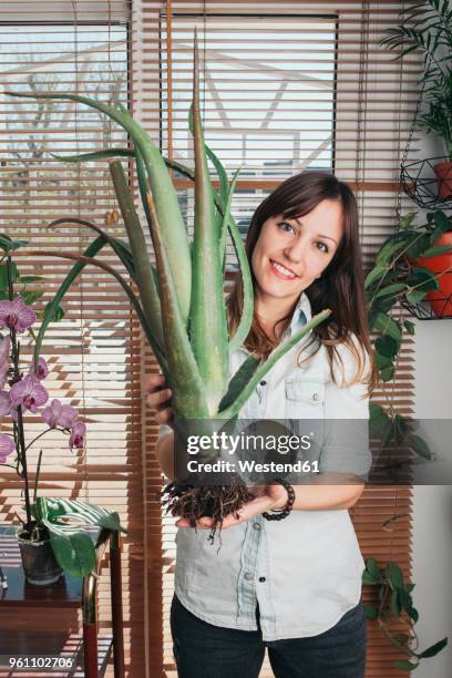 portrait of smiling woman holding an aloe vera - alovera stock pictures, royalty-free photos & images