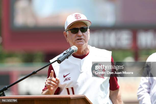 Head Coach Mike Martin of the Florida State Seminoles addresses the fans as he is being honored as college baseball's all-time winningest coach prior...