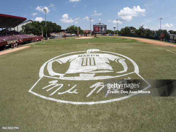 General view of Head Coach Mike Martin of the Florida State Seminoles logo on the field before being honored as college baseball's all-time...
