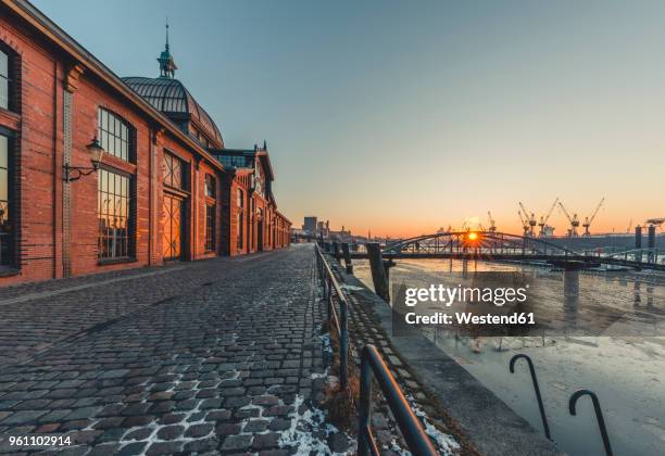 germany, hamburg, altona, fish market hall at sunrise - vismarkt stockfoto's en -beelden