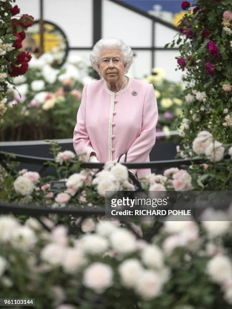 Britain's Queen Elizabeth II looks at a display of roses on the Peter Beale stand as she visits the 2018 Chelsea Flower Show in London on May 21,...