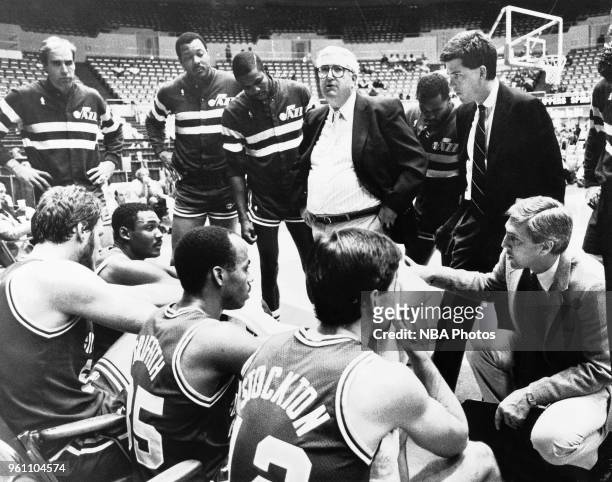 Los Angeles, CA Frank Layden coach of the Utah Jazz talks to his team during a game against the Los Angeles Clippers at Los Angeles Memorial Sports...