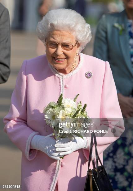 Britain's Queen Elizabeth II visits the 2018 Chelsea Flower Show in London on May 21, 2018. The Chelsea flower show, held annually in the grounds of...