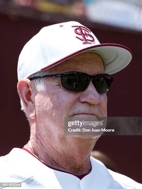 Head Coach Mike Martin of the Florida State Seminoles in the dugout before being honored as college baseball's all-time winningest coach prior to the...