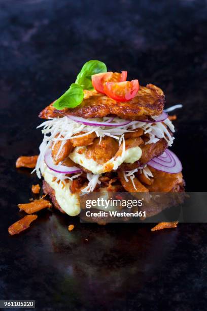 veggie burger made of potato fritters, sweet potatoes, soy meat, remoulade and barbecue sauce - sweet potato pancakes stock pictures, royalty-free photos & images