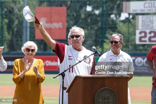 Head Coach Mike Martin of the Florida State Seminoles addresses the fans as he is being honored as college baseball's all-time winningest coach prior...