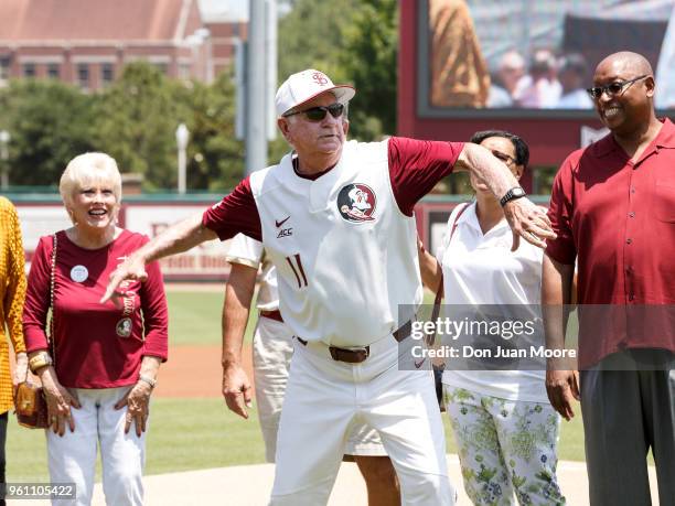 Head Coach Mike Martin of the Florida State Seminoles gets the fans charged up after being honored as college baseball's all-time winningest coach...