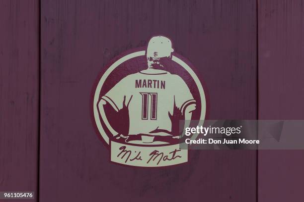 General view of Head Coach Mike Martin of the Florida State Seminoles logo behind home plate before being honored as college baseball's all-time...