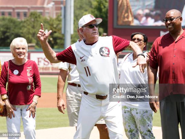 Head Coach Mike Martin of the Florida State Seminoles gets the fans charged up after being honored as college baseball's all-time winningest coach...