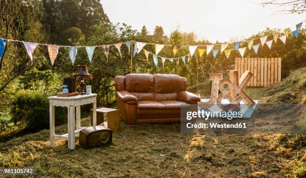 empty decoration set for party in the field - party atmosphere stock pictures, royalty-free photos & images