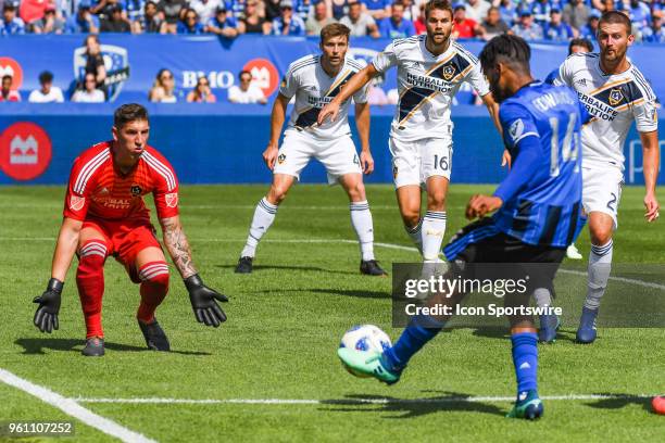 Los Angeles Galaxy goalkeeper David Bingham in position to stop Montreal Impact midfielder Raheem Edwards shot during the LA Galaxy versus the...