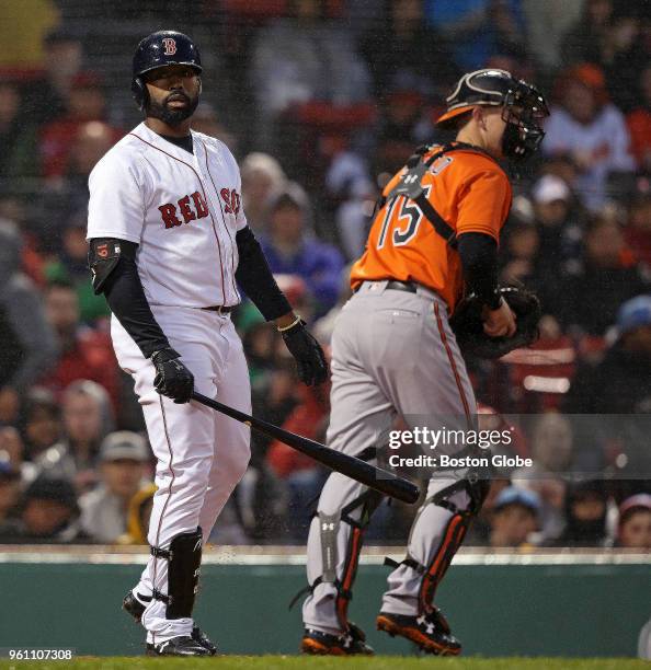 Boston Red Sox center fielder Jackie Bradley Jr. Reacts after striking out to end the second inning. The Boston Red Sox host the Baltimore Orioles in...